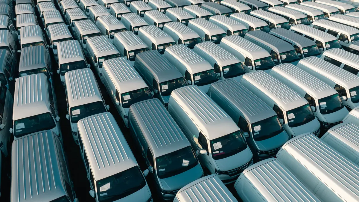 Aerial view of rows of white fleet vans